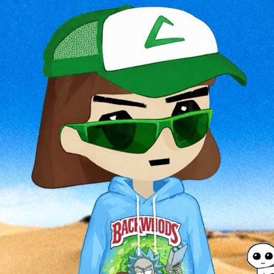 An animated avatar of a person with brown hair wearing a green and white cap with a triangular logo, green sunglasses, and a blue 'BACIWOODS' hoodie, set against a desert background.