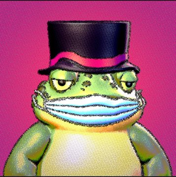A close-up illustration of Pepe the Frog wearing a black top hat and grinning, set against a bright pink background.