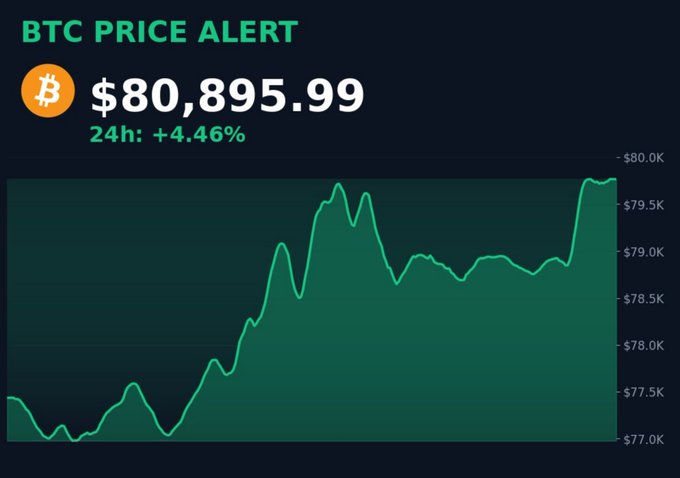 A 'BTC PRICE ALERT' graphic showing Bitcoin at $80,895.99 with a 24-hour gain of +4.46%, displayed above a green line chart showing price movement between approximately $77.0K and $80.0K.
