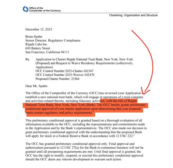 The image shows an official letter from the U.S. Office of the Comptroller of the Currency (OCC) dated December 12, 2025, addressed to Brian Spahn at Ripple Labs Inc., granting preliminary conditional approval for Ripple to charter "Ripple National Trust Bank, New York, New York" (OCC Control Number 2025-Charter-342347), supporting the post's excitement about Ripple ($XRP) receiving key regulatory approval to establish a national trust bank, though the letter notes final approval is still pending.