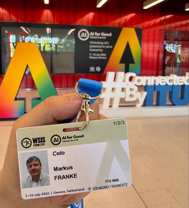 A hand holding an ITU conference badge for 'Markus FRANKE' at the AI for Good Global Summit 2026 (WSIS Forum 2026), held 7-10 July 2026 in Geneva, Switzerland, with 'AI Connected By ITU' signage in the background.