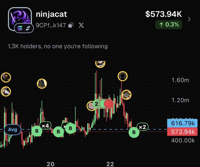 A financial chart for the 'ninjacat' token showing a price of $573.94K with a 0.3% increase, a market cap of 616.79k, and 1.3K holders, featuring buy/sell indicators on a candlestick graph.