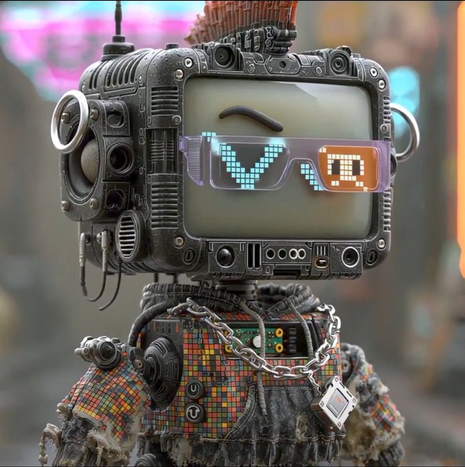 A detailed 3D-rendered robot character with a TV for a head displaying pixelated LED sunglasses reading 'Yo R', wearing a patchwork outfit with chains and electronic components.