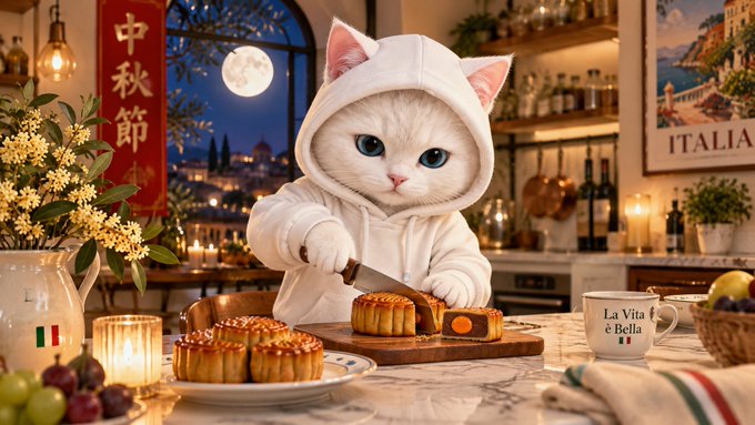A white cat wearing a hooded sweatshirt with cat ears slices mooncakes on a wooden board in a kitchen, with a banner displaying Chinese characters '中秋節' (Mid-Autumn Festival) and a window showing a full moon over a cityscape.