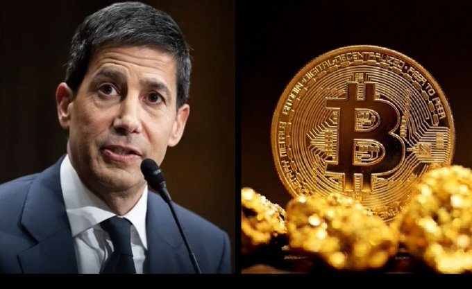 The image is a split composition showing Federal Reserve Chair Kevin Warsh speaking at a microphone on the left, paired with a physical Bitcoin coin surrounded by gold nuggets on the right, visually reinforcing his claim that Bitcoin has become the "new gold" for younger generations.