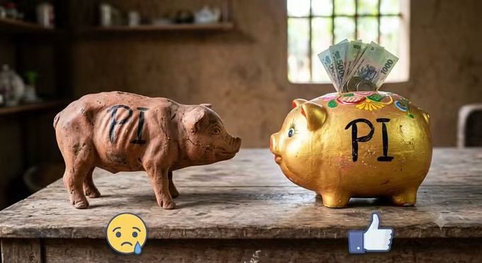 A comparison image shows two piggy banks labeled 'PI' on a wooden table - a plain clay one on the left (sad emoji) and a golden ornate one on the right filled with Indonesian rupiah banknotes (thumbs up emoji).