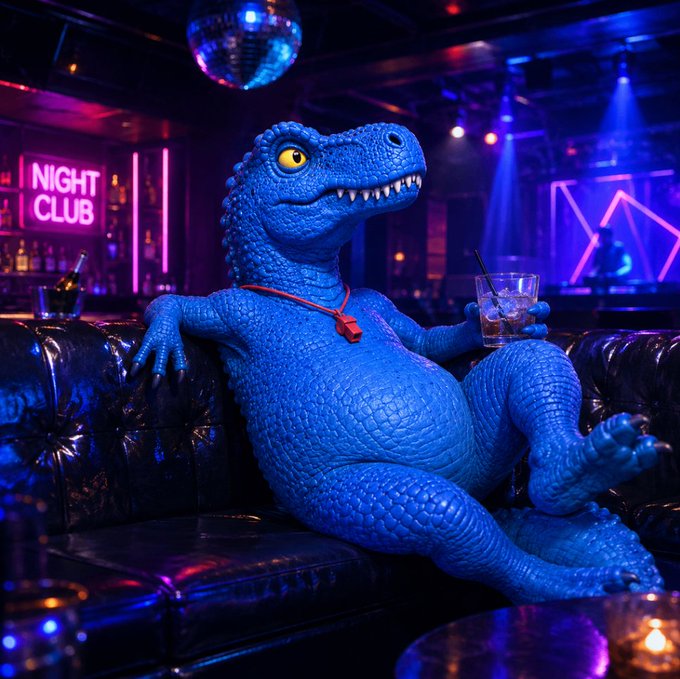 Blue dinosaur figure wearing a red lanyard, sitting on a black leather couch holding a drink in a nightclub setting with disco lights and a 'NIGHT CLUB' neon sign.