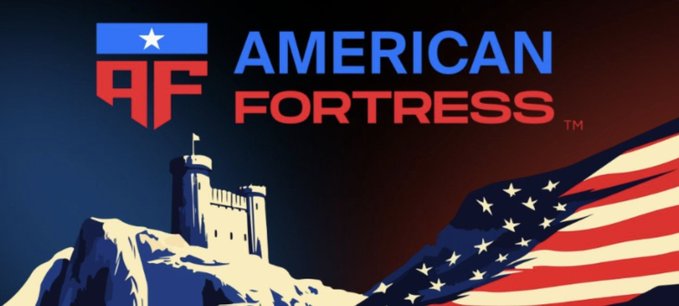 A logo for 'AMERICAN FORTRESS' features a stylized 'AF' monogram with a white star on a blue background, alongside an illustration of a stone fortress on a mountain and a waving American flag.