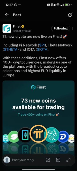 The image shows a social media post from Finst (@finst_official) announcing that 73 new cryptocurrencies are now live on their platform, including Pi Network ($PI), Theta Network ($THETA), and IOTA ($IOTA), with a graphic highlighting "73 new coins available for trading" and claiming 400+ coins total with the highest EUR liquidity in Europe.