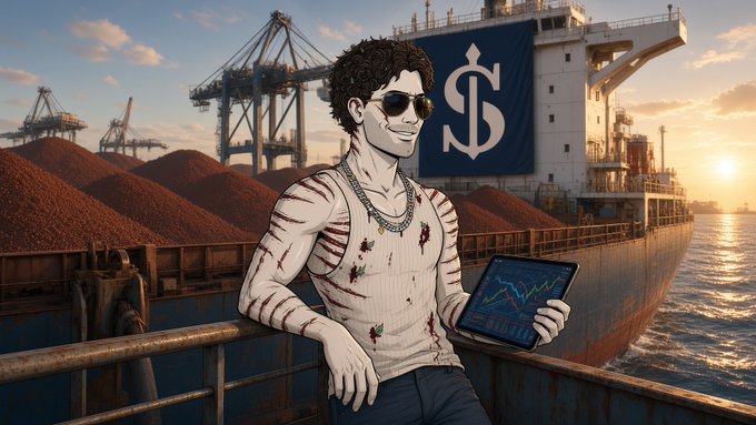 A pale, grinning figure in sunglasses holds a tablet displaying a bullish "SHIP" chart while standing on a cargo vessel piled high with iron ore, with a large ship logo and the dollar sign "$" emblazoned on the bulkhead behind him. The maritime setting and on-screen ticker visually reinforce the post's focus on @EthraShip's $SHIP token and its vessel-backed opportunities.