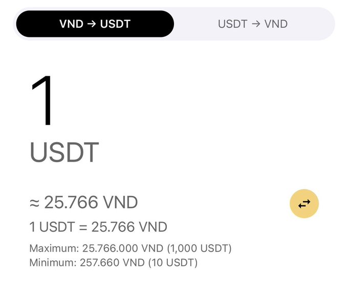 A USDT to VND conversion screen displays 1 USDT ≈ 25,766 VND, showing transaction limits ranging from 257,660 VND (10 USDT) minimum to 25,766,000 VND (1,000 USDT) maximum, illustrating the recent drop in the USDT/VND exchange rate mentioned in the post.