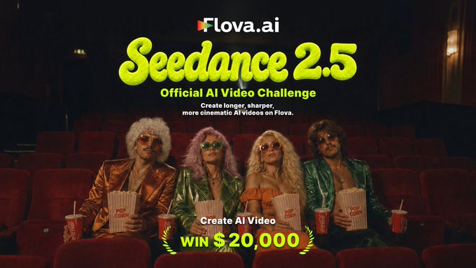 An advertisement for Flova.ai's Seedance 2.5 Official AI Video Challenge featuring four people in colorful outfits and wigs holding popcorn in a theater, with text 'WIN $20,000.'
