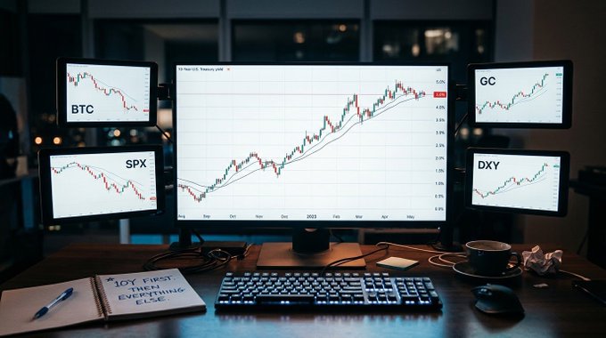 A trader's multi-monitor workstation displays candlestick charts for BTC, SPX, GC (gold), and DXY alongside a central Treasury yield chart, with a notebook reading "JOY FIRST, EVERYTHING ELSE." The setup visually supports the post's message—rather than analyzing assets in isolation, the trader watches the 10-year Treasury yield as the unifying factor influencing stocks, Bitcoin, gold, and the dollar simultaneously.