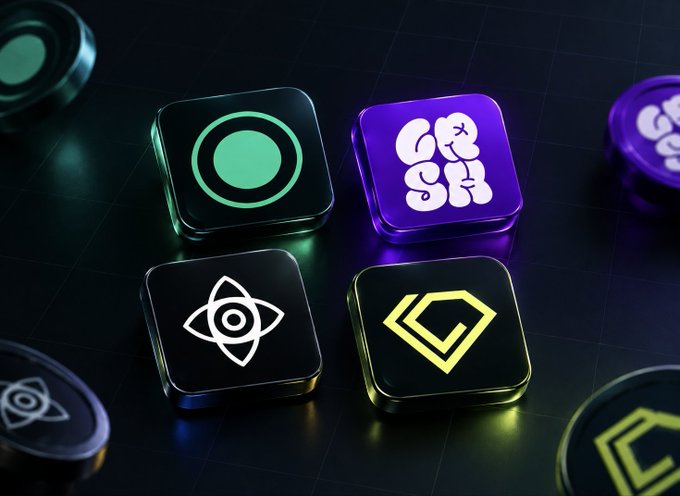 A collection of illuminated 3D icons or tokens on a dark surface, featuring various logos including a green circle, a purple "GSB" design, an atom symbol, and a yellow geometric shape.