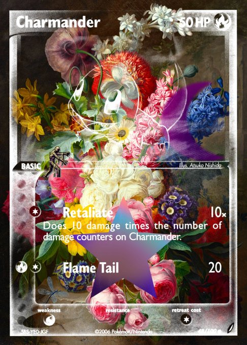 This image shows a Charmander Pokémon trading card (card NFT 2) with "50 HP" displayed in the top right corner, featuring the attacks "Retaliate" (10x damage based on damage counters) and "Flame Tail" (20 damage), set against a vibrant floral background collage.