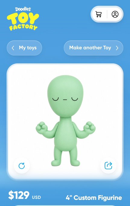 Mobile app screen for 'Doodles Toy Factory' showing a green 3D meditating figurine priced at $129 USD for a 4" Custom Figurine.