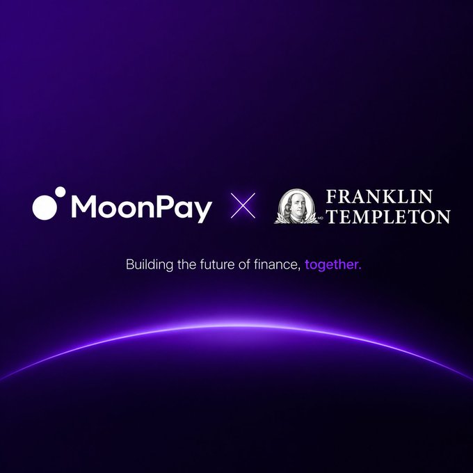 The image features a purple background with the text "MoonPay x Franklin Templeton" written above it, along with an illustration of a globe below. The text suggests that MoonPay has partnered with Franklin Templeton to create a tokenized money market fund using their onchain trading infrastructure.