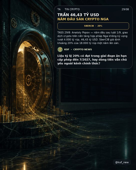 A crypto news graphic with a vault background and Vietnamese text announcing 'TRÁN 46,43 TỶ USD NẮM ĐẦU SAN CRYPTO NGA', discussing Tether (TASS) and a $4 billion crypto purchase.