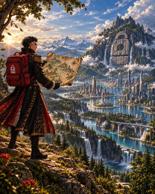 An adventurer wearing a backpack stands on a cliff holding a map, overlooking a sprawling fantasy city built across waterfalls and mountains under a golden sunset. The image mirrors the post's metaphor, depicting the journey from exploration to investment with @Backpack as the gateway to discovering vast new horizons of opportunity.