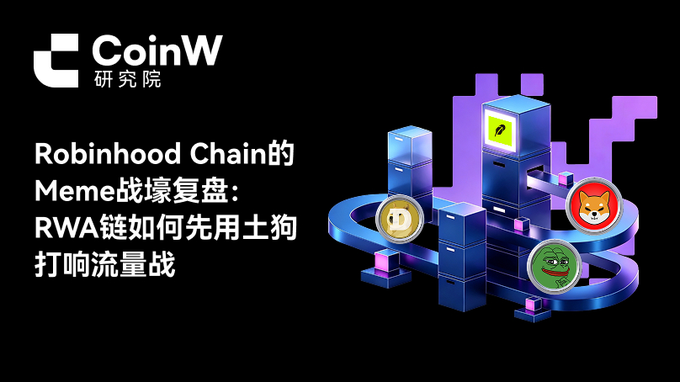 A CoinW Research (研究院) presentation slide titled "Robinhood Chain的Meme战壕复盘: RWA链如何先用土狗打响流量战" featuring isometric cryptocurrency and meme coin graphics.
