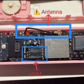 The image shows the internal components of a hardware wallet (likely a Ledger device), with labeled callouts pointing to the antenna and eSIM chip on the circuit board. This relates to the post about a Ledger supply chain attack, as attackers could potentially tamper with these internal components—including the antenna and eSIM—during distribution to compromise the device's security and facilitate the $103 million theft.