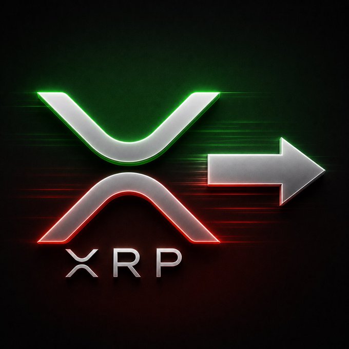 Digital art of the XRP logo in silver with a green chevron pointing up, red chevron pointing down, and a white arrow pointing right against a black background.