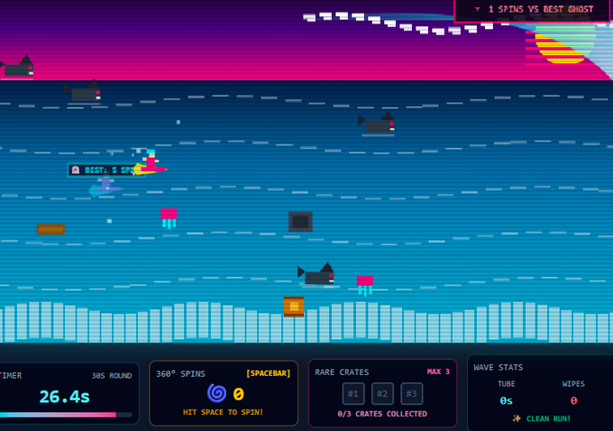 A pixel art game screen shows a side-scrolling level with the header '1 SPINS VS BEST GHOST', a timer at 26.4s, and game stats including '360° SPINS', 'RARE CRATES', and 'WAVE STATS'.