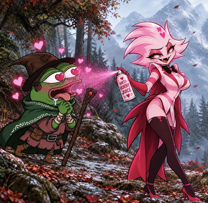 Anime-style artwork featuring a pink-haired demon character spraying 'ANTI-HORNY JUICE' at a lovestruck frog dressed like a wizard.