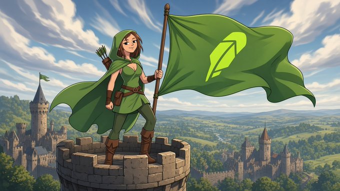 A hooded archer stands triumphantly atop a stone castle turret, holding aloft a green flag emblazoned with the Robinhood logo, overlooking a medieval landscape of castles and rolling hills. The image symbolizes the "first-mover" achievement celebrated in the caption, visually representing the $MARIAN team's bold decision to deploy as the inaugural memecoin on Robinhood Chain, with the heroic archer embodying the pioneering lore and strength of that early move.