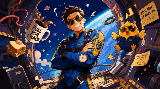 An illustrated scene of a sunglasses-wearing astronaut in a blue and yellow suit floating in space, accompanied by a chick companion, with a 'FUEL FOR CHAOS' mug and 'MISSION: BE AWESOME' notes.