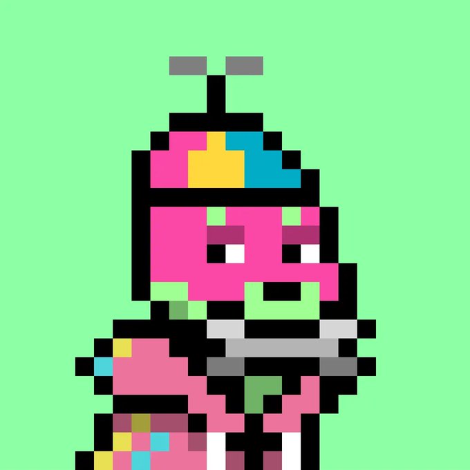 A pixel art illustration of a character with a colorful party hat featuring pink, yellow, and blue sections, set against a light green background.