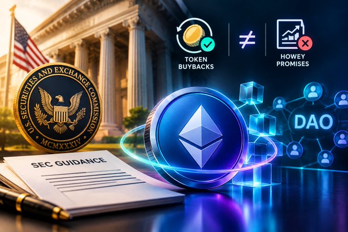 A graphic featuring the SEC seal and an American flag building, alongside an Ethereum coin, with text about 'TOKEN BUYBACKS' versus 'HOWEY PROMISES', 'SEC GUIDANCE', and 'DAO'.