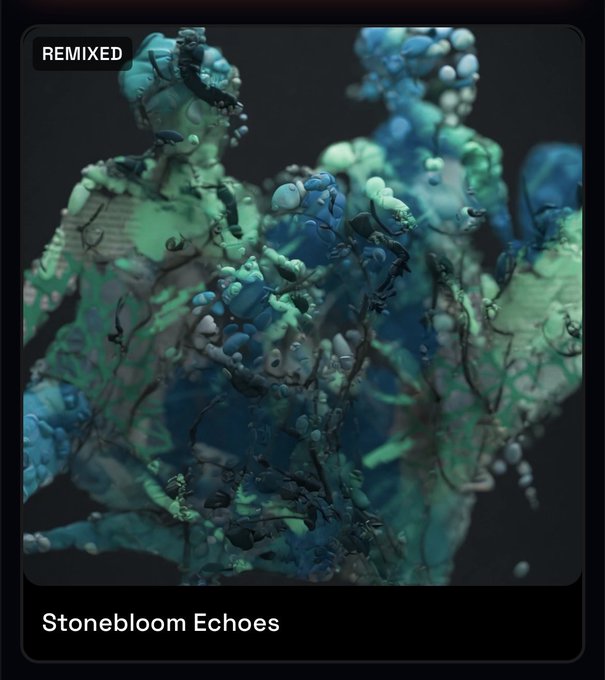 A digital artwork titled "Stonebloom Echoes," labeled "REMIXED," features humanoid figures composed of glowing blue and green organic, crystalline clusters against a dark background. The piece was created as part of the @NFT_NYC "Collect: Times Square" initiative, with its surreal, botanical-meets-geological aesthetic reflecting the imaginative title's blend of stone and floral elements.