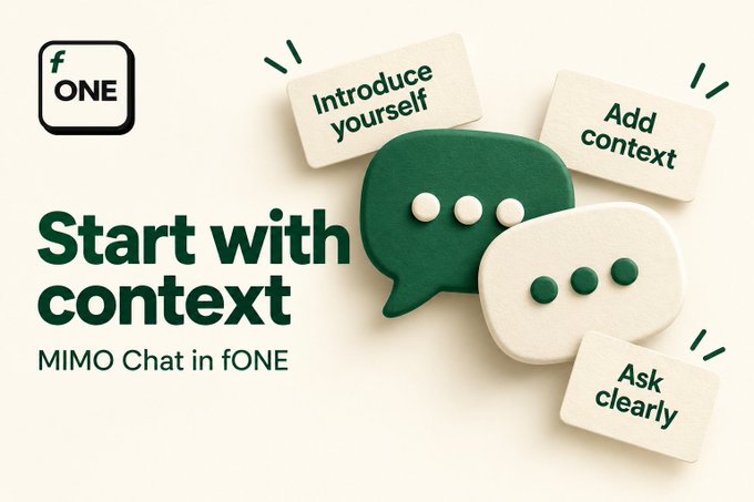 An advertisement for 'fONE' MIMO Chat with the headline 'Start with context' and tips reading 'Introduce yourself', 'Add context', and 'Ask clearly' displayed on speech bubble graphics.