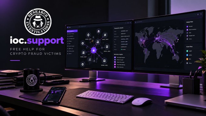 A dimly lit office desk setup with purple accent lighting displays dual monitors showing blockchain transaction graphs and a world map, alongside an 'iOc.support' logo and text reading 'FREE HELP FOR CRYPTO FRAUD VICTIMS'.