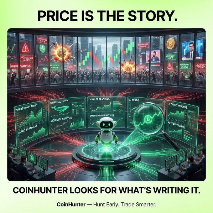 A promotional graphic for CoinHunter reads 'PRICE IS THE STORY.' and 'COINHUNTER LOOKS FOR WHAT'S WRITING IT.', featuring a futuristic trading dashboard with a green robot, charts, and Bitcoin imagery.