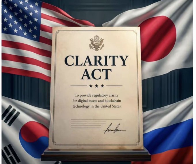 An illustrated document titled 'CLARITY ACT' stating 'To provide regulatory clarity for digital assets and blockchain technology in the United States,' displayed between an American flag and a South Korean flag.