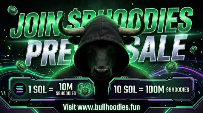 Promotional graphic for the $BHOODIES presale featuring a hooded bull in green and black, highlighting exchange rates (1 SOL = 10M $BHOODIES, 10 SOL = 100M $BHOODIES) and directing viewers to visit bullhoodies.fun.