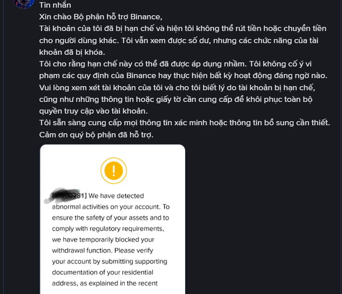 A message in Vietnamese addressed to Binance support regarding a restricted account, alongside an English notice about detected abnormal activities requiring address verification.