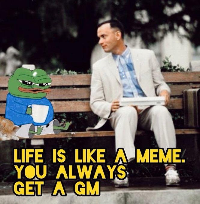 The image is a meme featuring the "Sad Pepe" sitting next to Forrest Gump on a park bench, with the caption "LIFE IS LIKE A MEME. YOU ALWAYS GET A GM." The accompanying post about "intend putting stables here, hylo: hyUSD, 3jane: USD3" relates to the meme by humorously acknowledging the missed opportunity to enter earlier, with the "Sad Pepe" representing the poster's feeling of being "10 epochs late" to the 3jane platform despite its promising features backed by Paradigm.