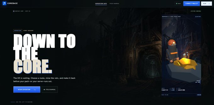 A dark-themed promotional webpage for Corepass featuring the bold headline "DOWN TO THE CORE" alongside an illustrated miner character holding a glowing gold bar, promoting a "Field Manual" expedition game with the ticker $CORE shown in the navigation, aligning with the post about a new game on the Base network.