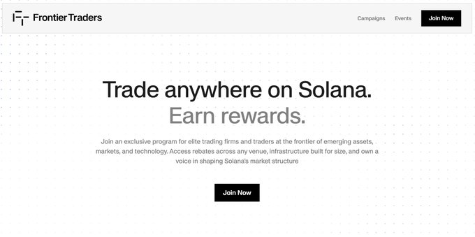Frontier Traders landing page with the headline 'Trade anywhere on Solana. Earn rewards.' promoting an exclusive program for elite trading firms with a 'Join Now' button.