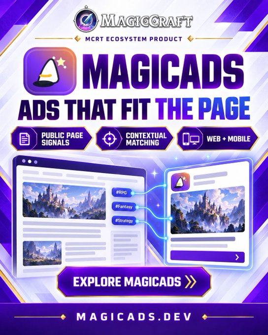 A promotional advertisement for 'MAGICADS' by MagicCraft, an MCRT ecosystem product, featuring purple-themed graphics promoting 'ADS THAT FIT THE PAGE' with features like public page signals, contextual matching, and web/mobile compatibility, with website magicads.dev.
