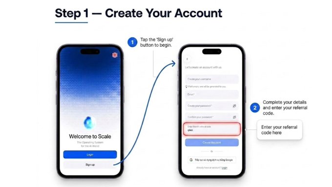 An instructional graphic titled 'Step 1 — Create Your Account' shows two phone screens for signing up with Scale, including a referral code field.