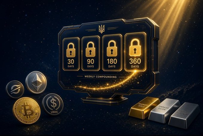 The image features a futuristic digital display showcasing four lock-up tiers (30, 90, 180, and 360 days) with golden padlocks, labeled "WEEKLY COMPOUNDING," surrounded by crypto tokens (BTC, ETH, USDC) and tokenized precious metal bars (gold, silver, platinum), visually reinforcing the Ukraine Independence staking event's tiered rewards structure and asset diversity.