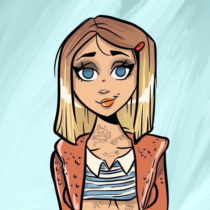 A stylized digital portrait of a blonde woman with blue eyes, wearing a brown jacket over a striped shirt, displaying visible tattoos including a UFO and the word "WILD." The edgy, fashion-forward avatar aligns with her identity as a member of the MetaVixensNFT collection on Ethereum.