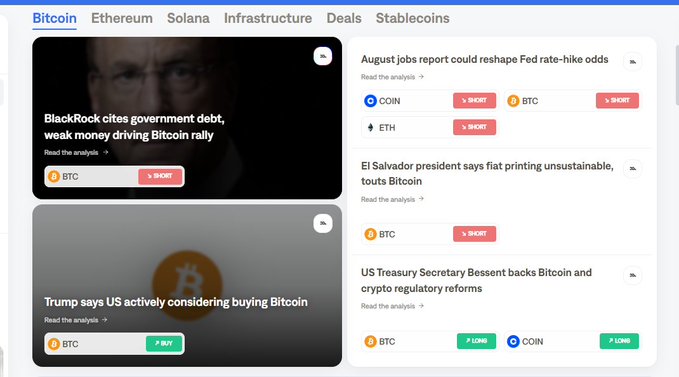 A crypto news webpage displaying Bitcoin-related headlines, including 'BlackRock cites government debt, weak money driving Bitcoin rally' and 'Trump says US actively considering buying Bitcoin,' with SHORT and BUY tags for BTC and COIN.