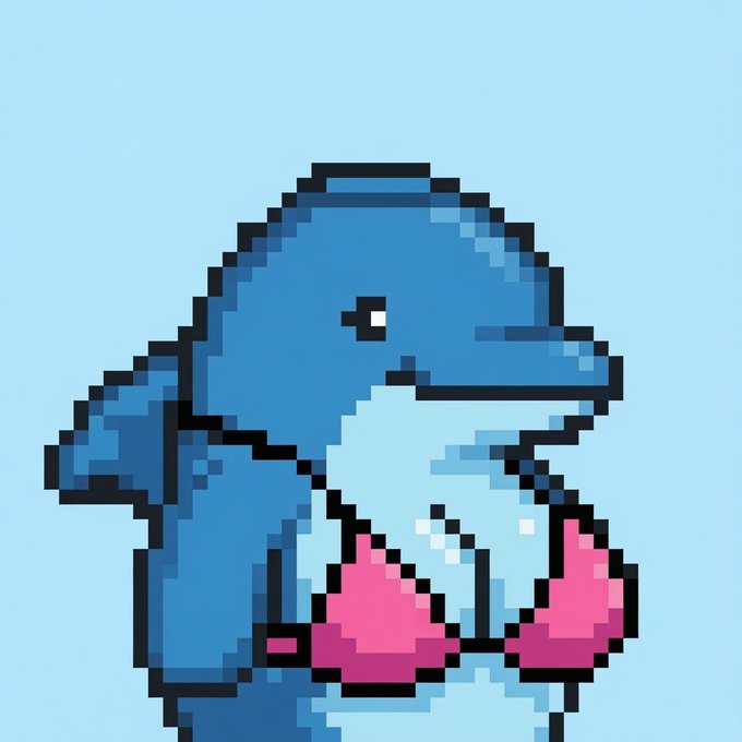 Pixel art of a cute blue dinosaur holding two pink hearts against a light blue background.