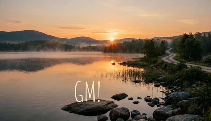 A serene sunrise over a lake with mist rising from the water, rocky shoreline, and mountains in the distance, with 'GM!' written on the image.