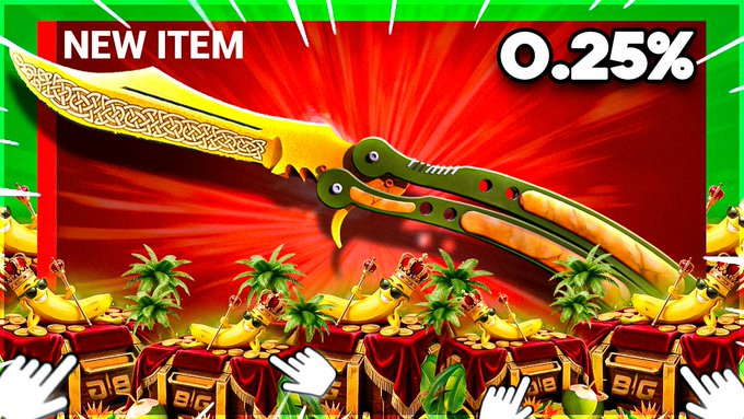 A promotional graphic for a 'NEW ITEM' showing an ornate, curved knife or blade with a green handle, advertising a 0.25% rate, featuring cartoon hand pointers.